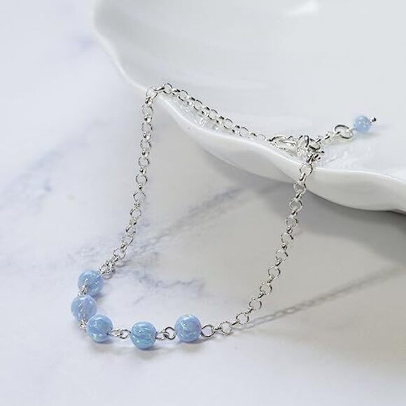 925 Sterling Silver Blue Opal Bracelet - 4mm Round Beads Blue Opal Bracelet for - Picture 4 of 7
